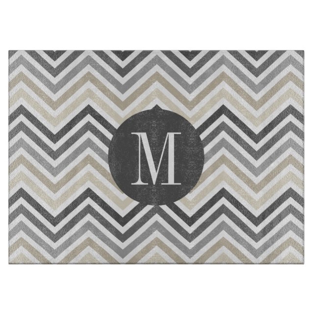 Gray & Linen Beige Chevron Pattern with Monogram Cutting Board (Front)