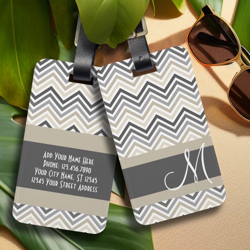 Gray  Linen Beige Chevron Pattern with Monogram Luggage Tag