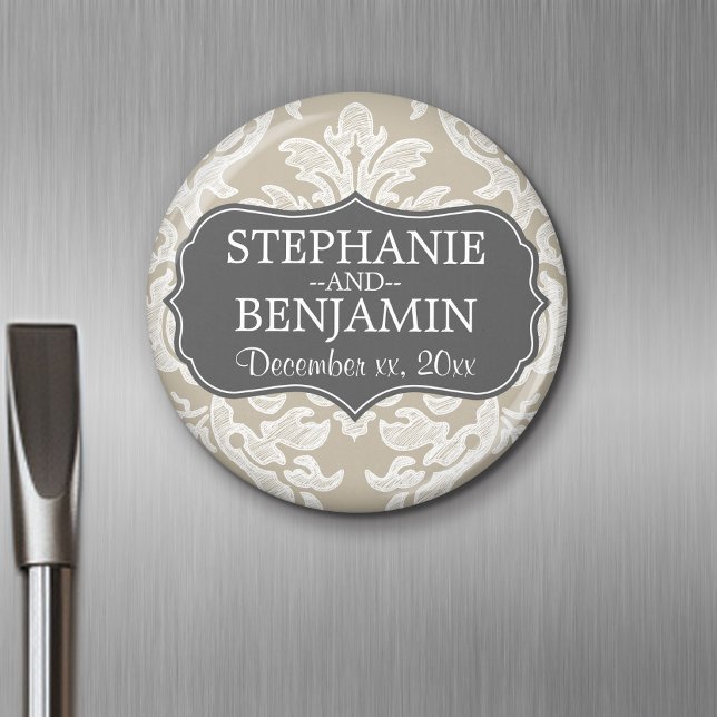 Gray & Linen Beige Damask Pattern Wedding Favor Magnet (Personalized magnet)
