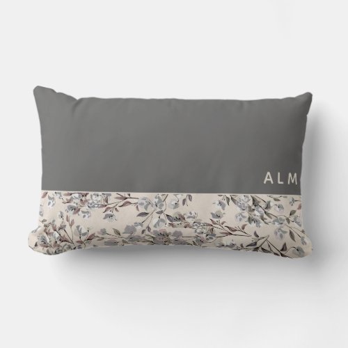 Gray  Linen Beige Floral  Monogram Lumbar Pillow