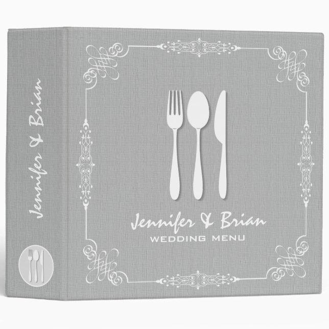 Gray Linen Burlap White Frame Wedding Menu 2 Binder (Front/Spine)