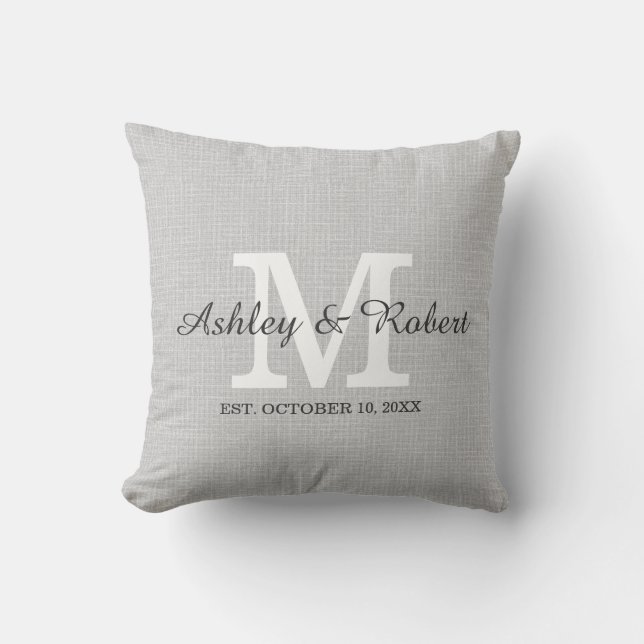 Gray Linen Coal White Monogram Wedding Keepsake Throw Pillow (Front)