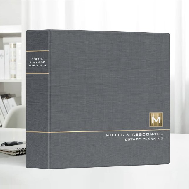 Gray Linen Gold Logo Monogram Estate Planning 3 Ring Binder (Creator Uploaded)
