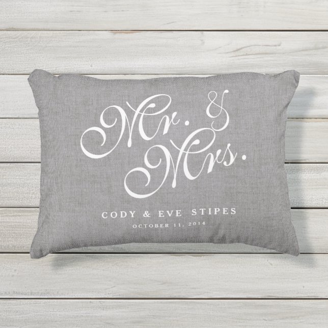 Gray Linen Initials Mr. and Mrs. Wedding Pillow (Front)
