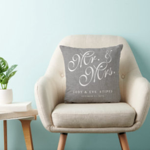 Gray Linen Initials Mr. and Mrs. Wedding Pillow