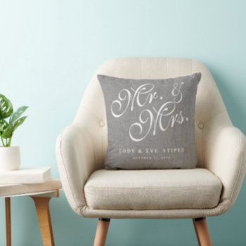 Gray Linen Initials Mr. And Mrs. Wedding Pillow by monogramgallery at Zazzle