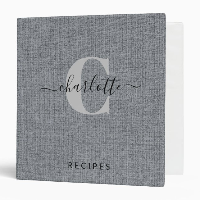 Gray Linen Look Marble Custom Monogrammed Recipe  3 Ring Binder (Front/Inside)