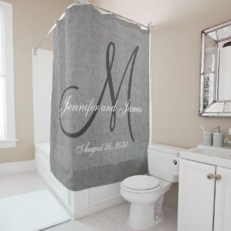 Gray Linen Look Monogram Names Wedding Shower Curtain