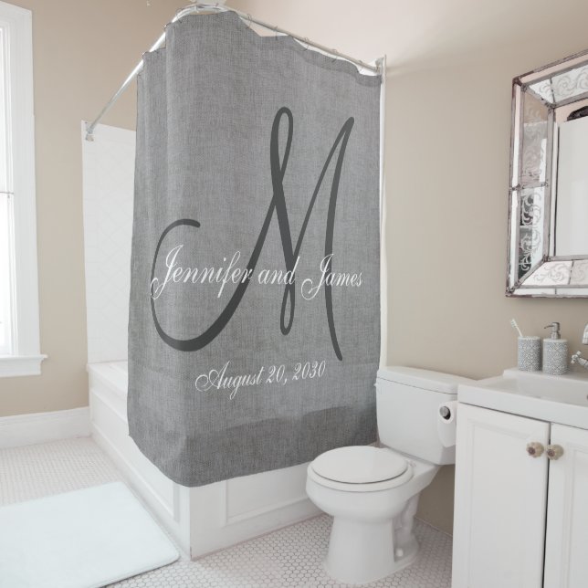 Gray Linen Look Monogram Names Wedding Shower Curtain (In Situ)