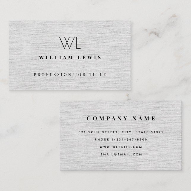 Gray Linen Monogram Modern Minimalist Business Card (Front/Back)
