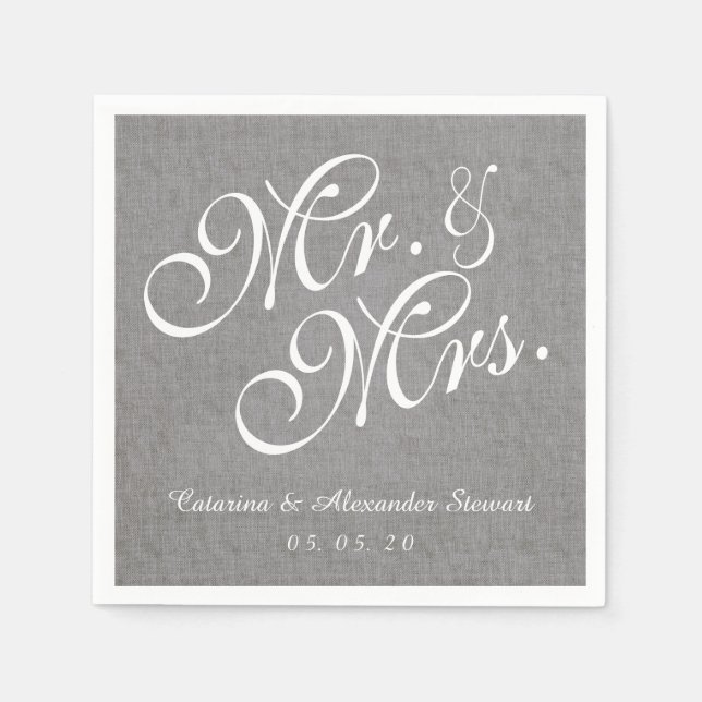Gray Linen Mr. and Mrs. Wedding Paper Napkins (Front)