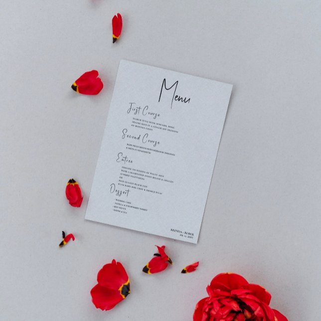 Gray Linen Simple Black Script Wedding Menu Invitation (Creator Uploaded)