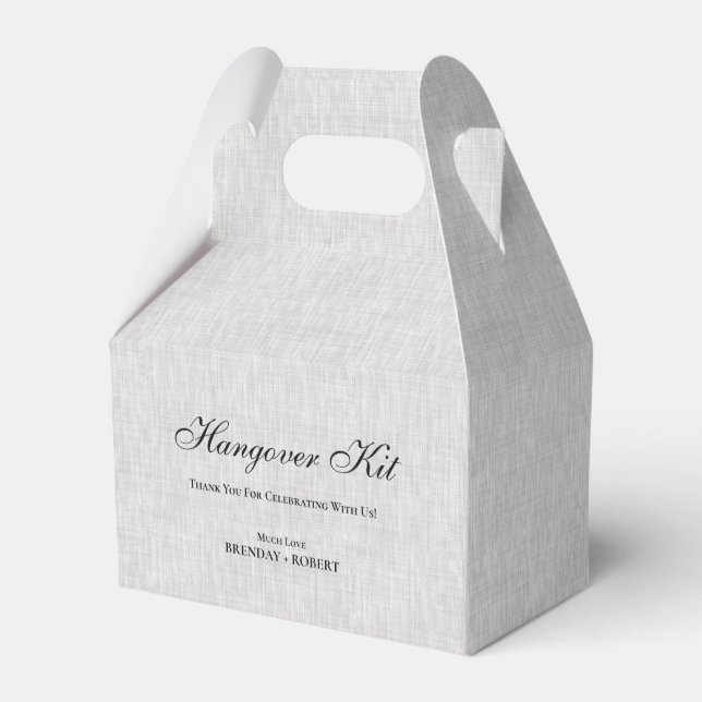 Gray linen Simple Script Hangover Recovery Kit Favor Boxes (Back Side)