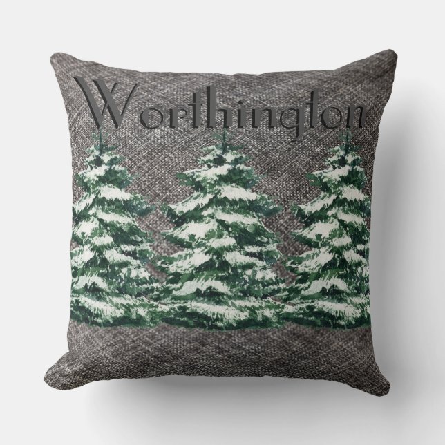 Gray Linen Snowy Evergreen Trees Name Throw Pillow (Front)