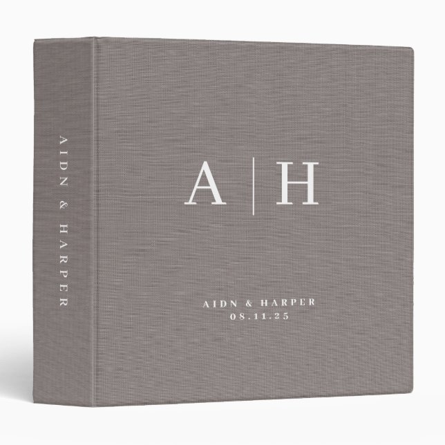 Gray Linen Texture Wedding Note Custom Monogram 3 Ring Binder (Front/Spine)