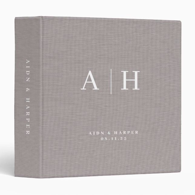 Gray Linen Texture Wedding Note Custom Monogram 3 Ring Binder (Front/Spine)