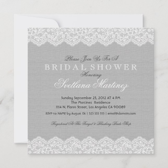 Gray Linen Texture & White Vintage Lace Invitation (Front)