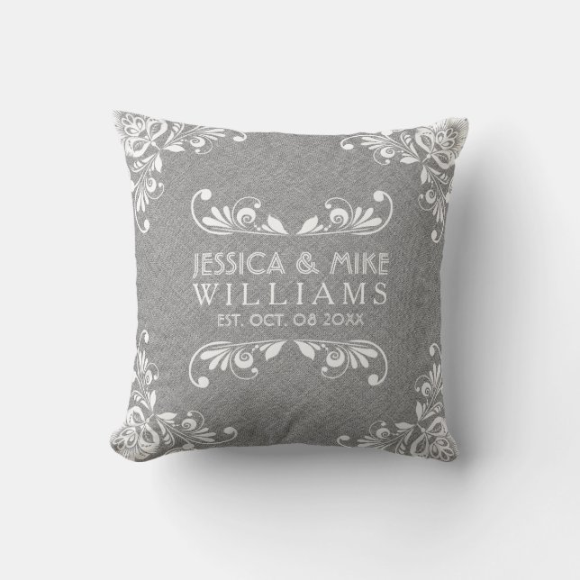 Gray Linen & White Floral Accents Wedding Design Throw Pillow (Front)