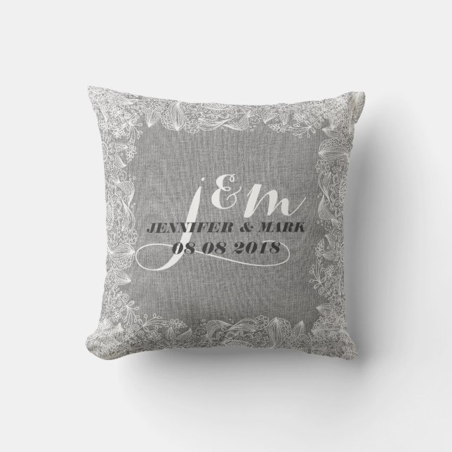 Gray Linen & White Lace 2 Wedding Pillow Monogram (Front)