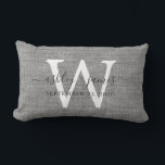 Gray Linen White Monogram Wedding Keepsake Lumbar Pillow<br><div class="desc">Elegant wedding keepsake gray woven linen effect pillow with your text in dark gray chic handwritten script calligraphy. Simply add your names, monogram and wedding date. Great gift for a newlywed couple. Exclusively designed for you by Happy Dolphin Studio. If you need any help or matching products, please contact us...</div>