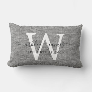 Gray Linen White Monogram Wedding Keepsake Lumbar Pillow