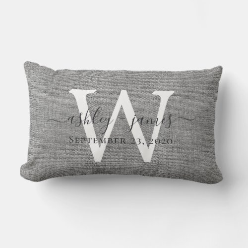Gray Linen White Monogram Wedding Keepsake Lumbar Pillow