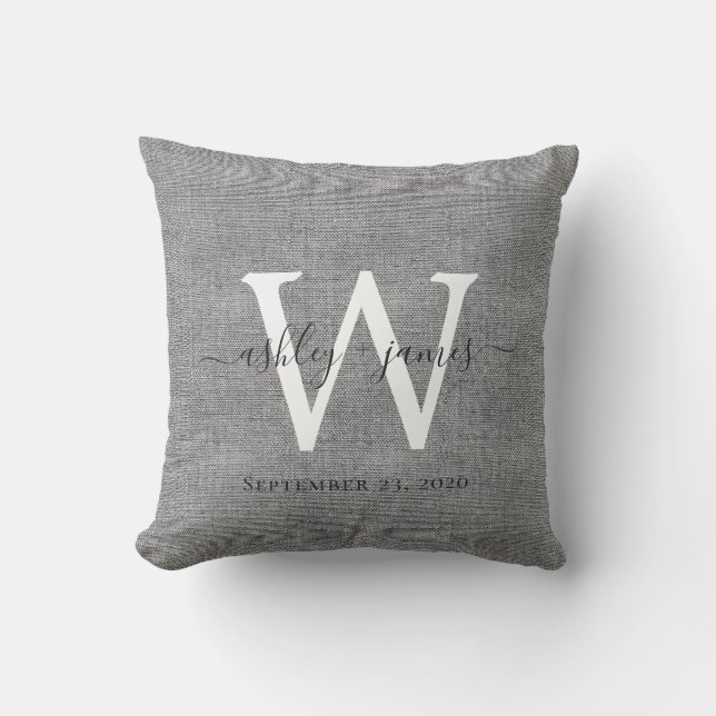 Gray Linen White Monogram Wedding Keepsake Throw Pillow (Front)