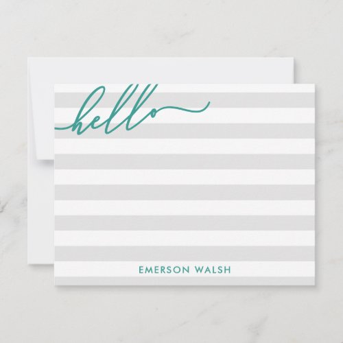 Gray Lines Teal Hello Add Name Note Card