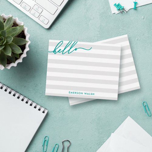 Gray Lines Teal Hello Add Name Note Card