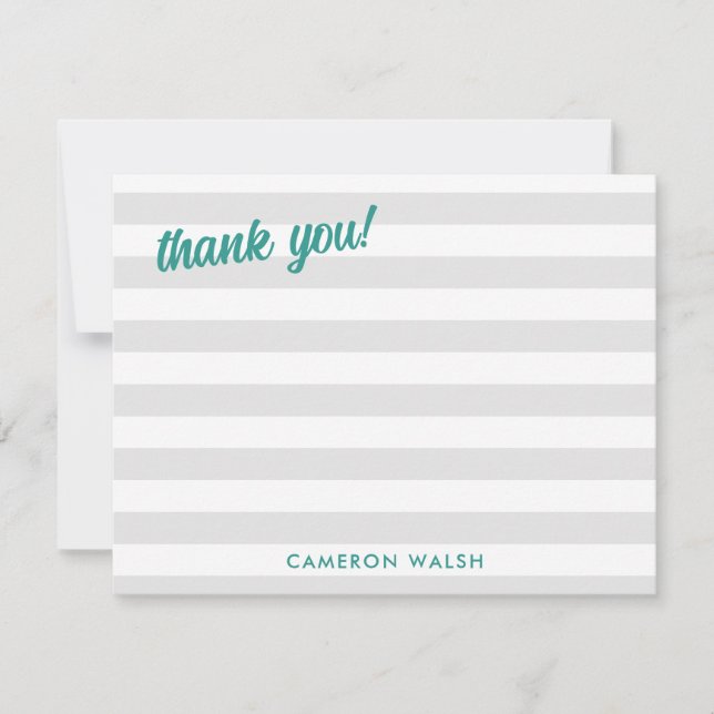 Gray Lines Teal Thank You Add Name Note Card (Front)