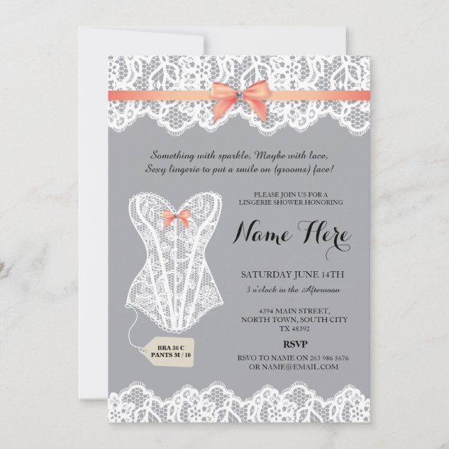 Gray Lingerie Shower Bridal Coral Corset Invites (Front)