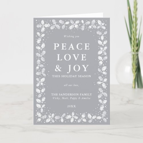 Gray Lino Print Holly Border Peace Love  Joy Holiday Card