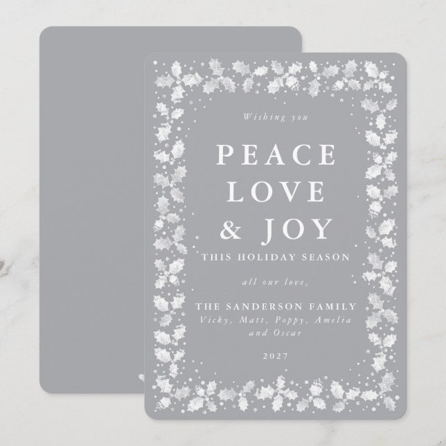 Gray Lino Print Holly Leaves Border Flat Non Photo Holiday Card (Front/Back)