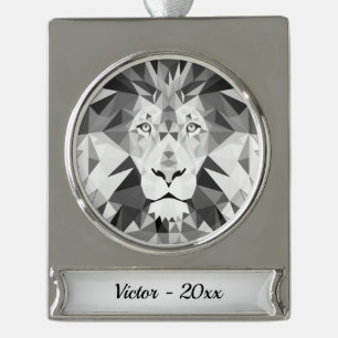 Gray Lion on Silver Name and Year Plated Banner Ornament