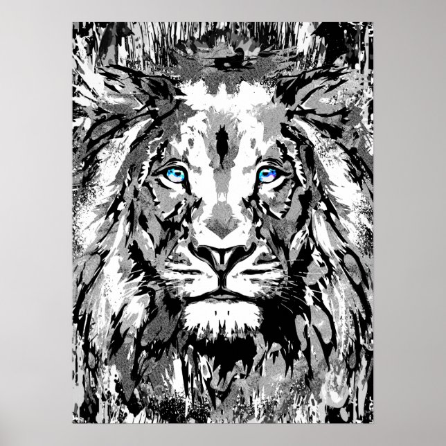 Gray Lion Portrait Drawing - Lion Poster Print (Front)