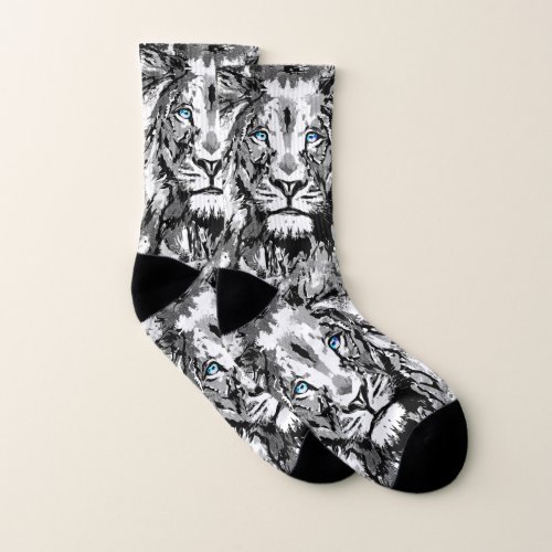 Gray Lion Socks _ Lion Head Portrait Drawing Socks