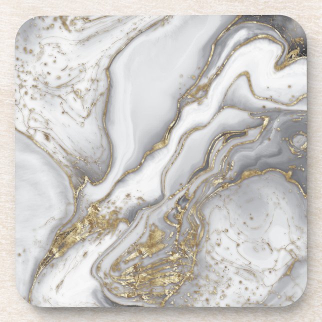 Gray liquid marble - pearl and gold beverage coaster (Front)