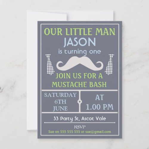 Gray Little Gentleman Mustache Birthday Invitation