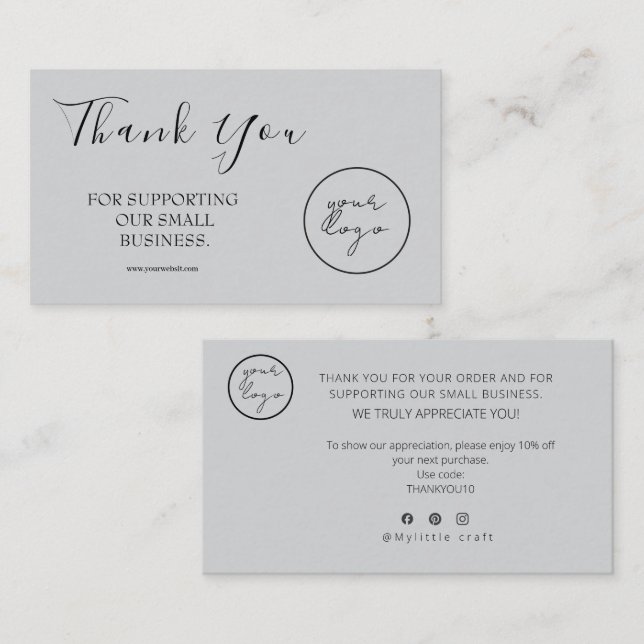 Gray Logo Script Thank You Card Discount Business (Front/Back)