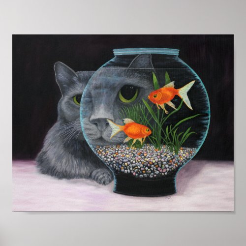 Gray Long Haired Cat and Fishbowl Poster
