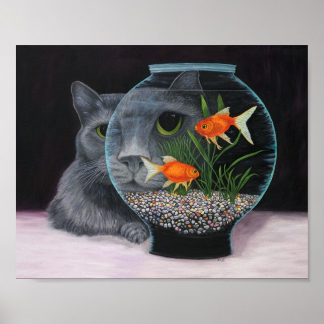 Gray Long Haired Cat and Fishbowl Poster (Front)