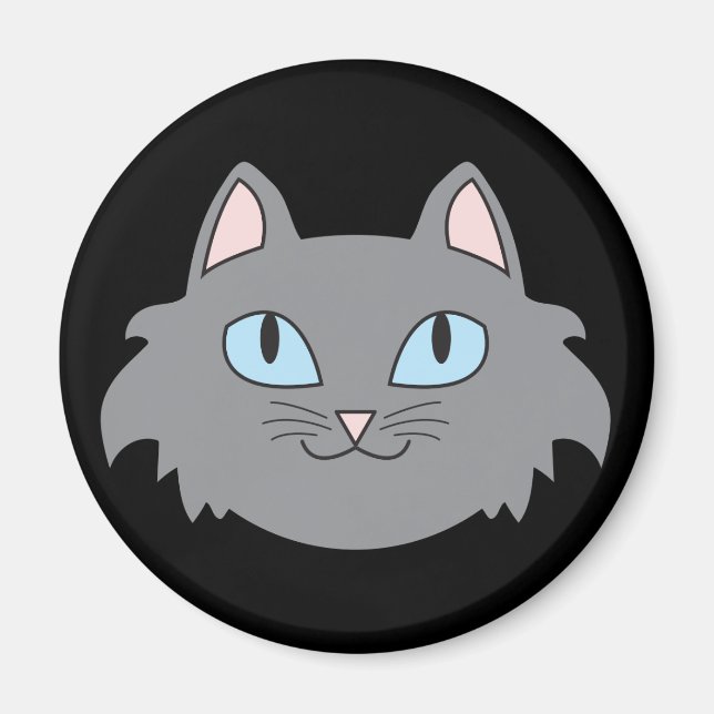 Gray Long-Haired Cat Round Magnet (Front)