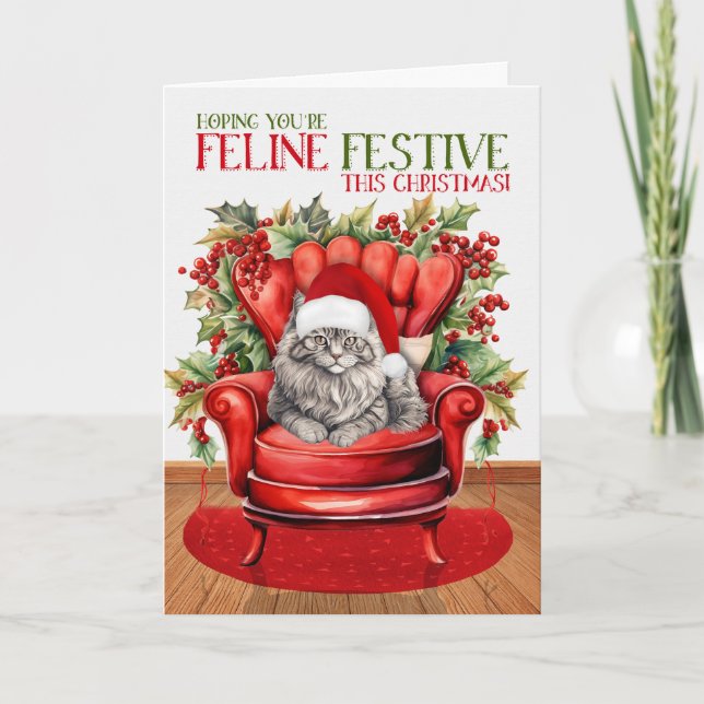 Gray Longhair Christmas Cat FELINE Festive Holiday Card (Front)