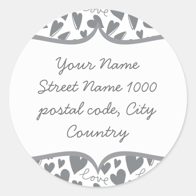 gray love & hearts on white classic round sticker (Front)