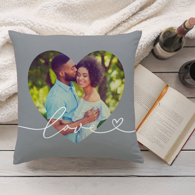 Gray Love Script Heart Photo Couple Throw Pillow (Creator Uploaded)