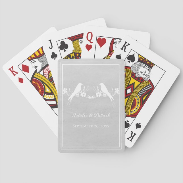 Gray Lovebird Floral Wedding Playing Cards (Back)