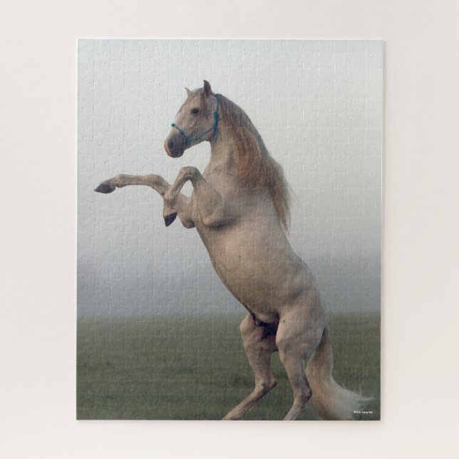 Gray Lusitano Stallion Rearing In Mist Jigsaw Puzzle (Vertical)