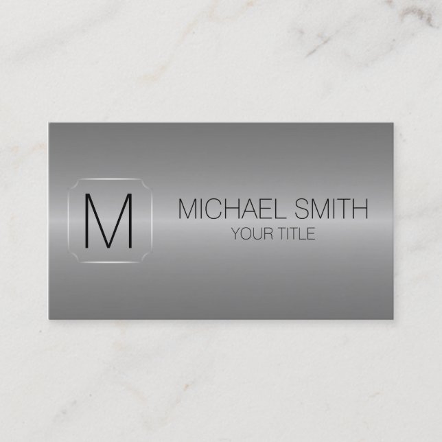 Gray Luxury Stainless Steel Metal Monogram Business Card (Front)