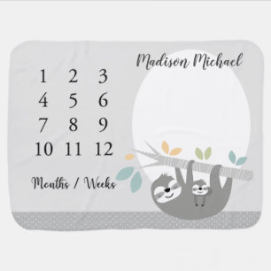 Gray Mama and Baby Sloth Baby Milestone Blanket
