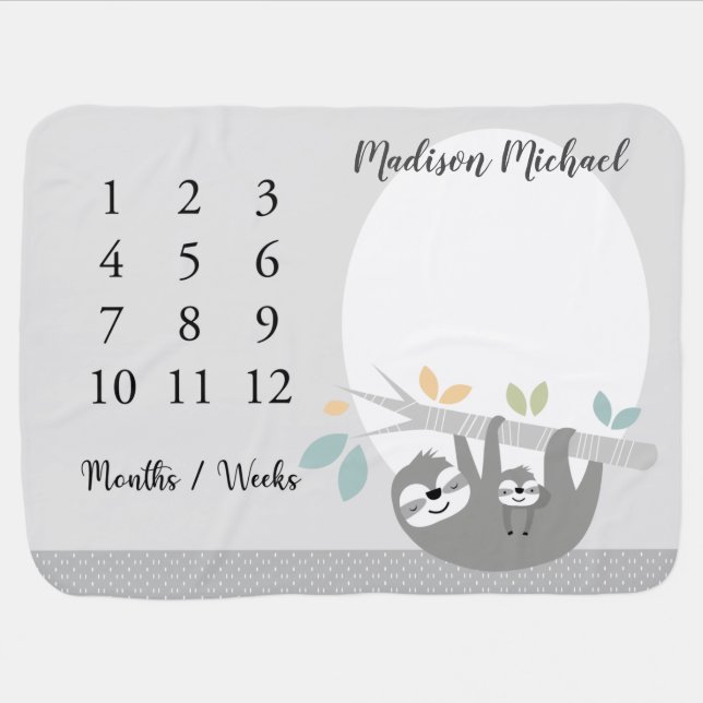 Gray Mama and Baby Sloth Baby Milestone Blanket (Horizontal)